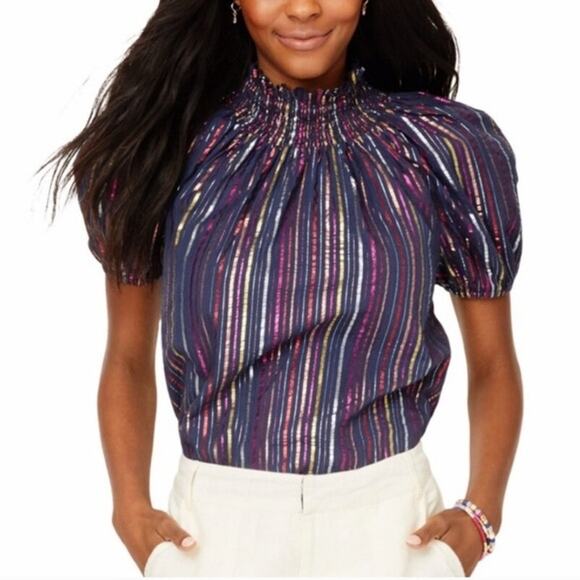 ROLLER RABBIT Navy Sz L Rainbow Lurex Ainsley Multicolor Top puff sleeves - Picture 2 of 8